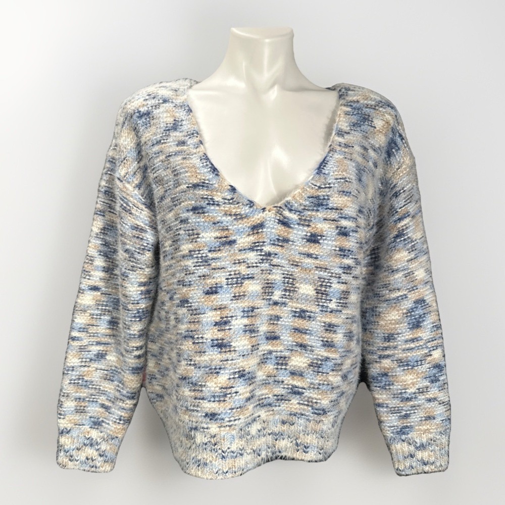 Molly Bracken Size M/L Abstract Stripe‎ Blue Cropped V-Neck Sweater